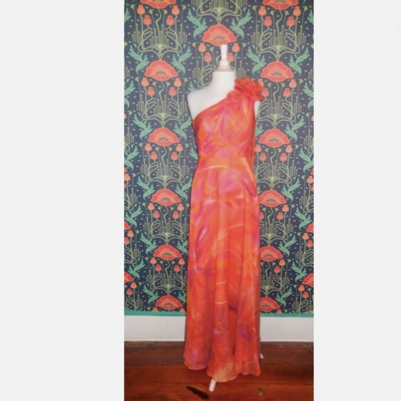 Muse Marchesa One Shoulder Hibiscus Orange Evening Gown Formal Dress - Picture 5 of 9